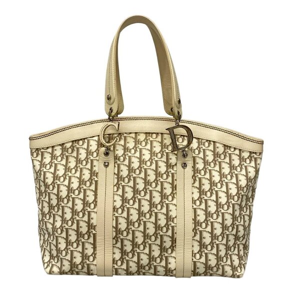 Auth DIOR/ChristianDior Flower/Trotter Cream Brown Cotton Leather Tote Bag - Picture 2 of 16